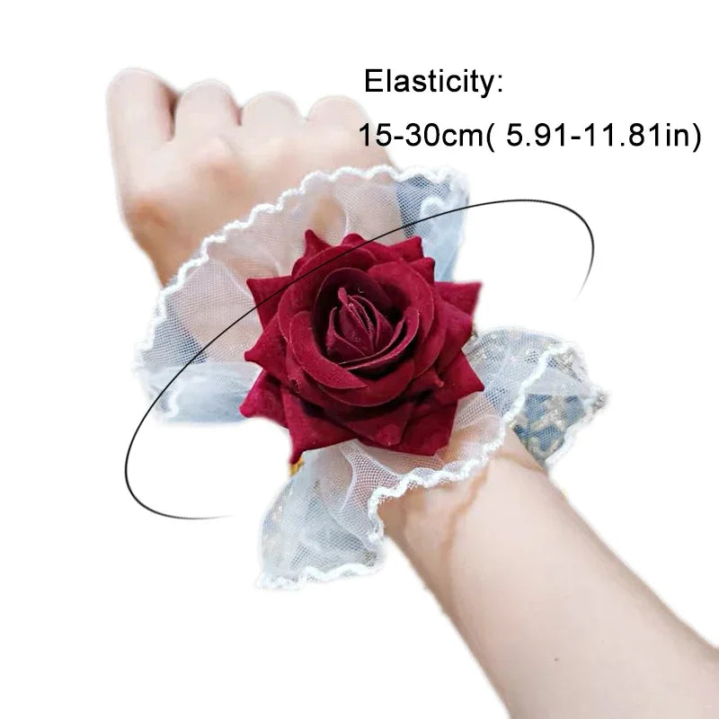 Dark Gothic Red Rose Wristband Flowers Mesh Hand Ornaments Fake Sleeve Detachable Lace Wrist Bands Bracelets Accessories