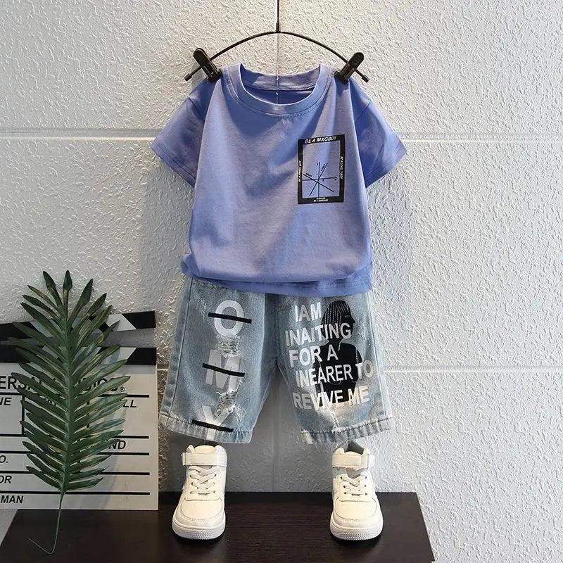 New Boys Sleeveless Vest Denim Shorts 2PC Sets Outdoor Festival Clothing Vintage Print Kids Miracle Design 2-10 Years White Tops