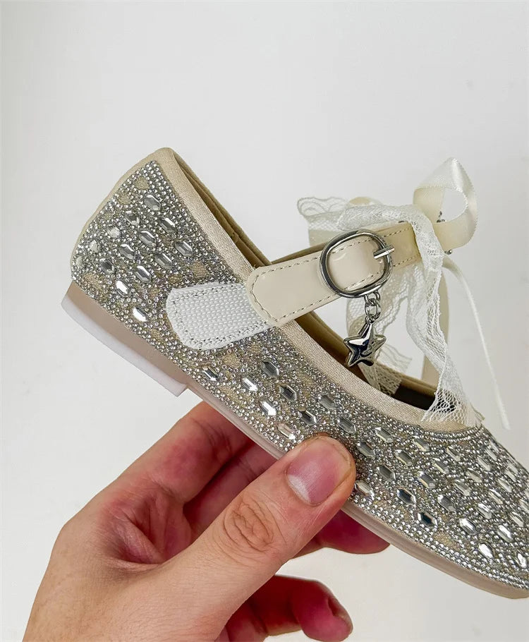 Children Shoes For Girls Leather Bow Rhinestone Princess Shoes Soft Sole Outdoor Fashion Kids Sneakers EU 26-33