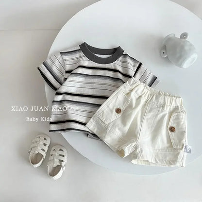 Summer Children Clothes Boys Girls Short-sleeved Striped T-shirt +Shorts 2Pcs Set Babies Fashion Round Neck Outfits Kids Suits