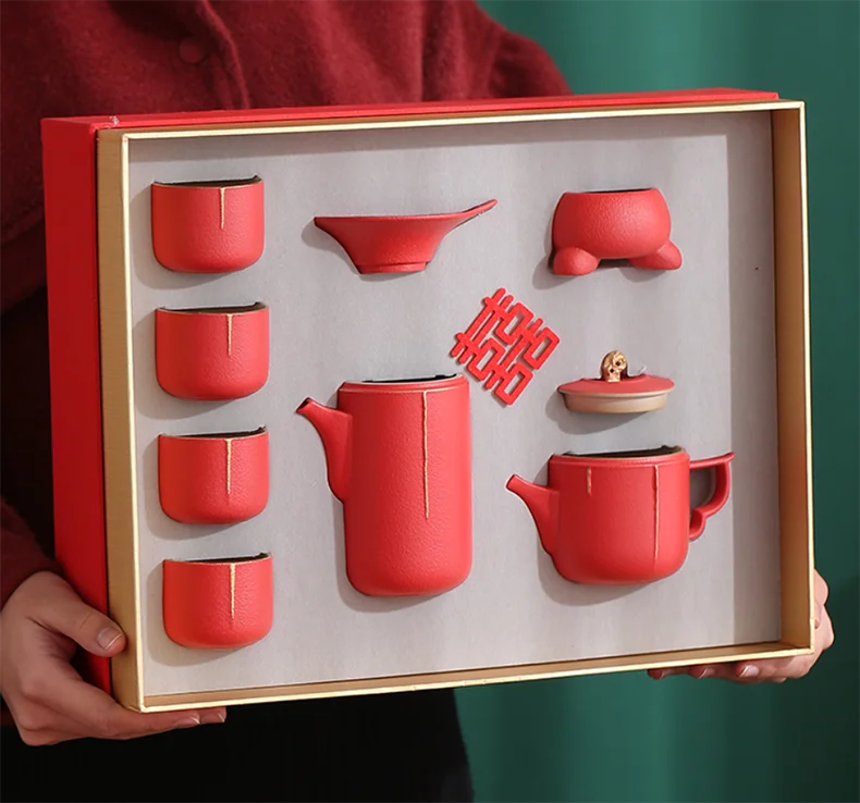Traditional Chinese Tea Set, Porcelain Teapot, Stainless Steel, Tea Strainer, Cup, Bride and Groom Gifts, Traditional Red, Wed