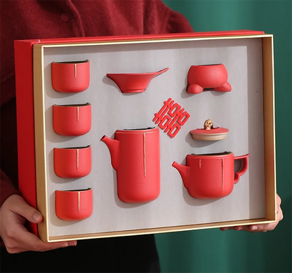 Traditional Chinese Tea Set, Porcelain Teapot, Stainless Steel, Tea Strainer, Cup, Bride and Groom Gifts, Traditional Red, Wed