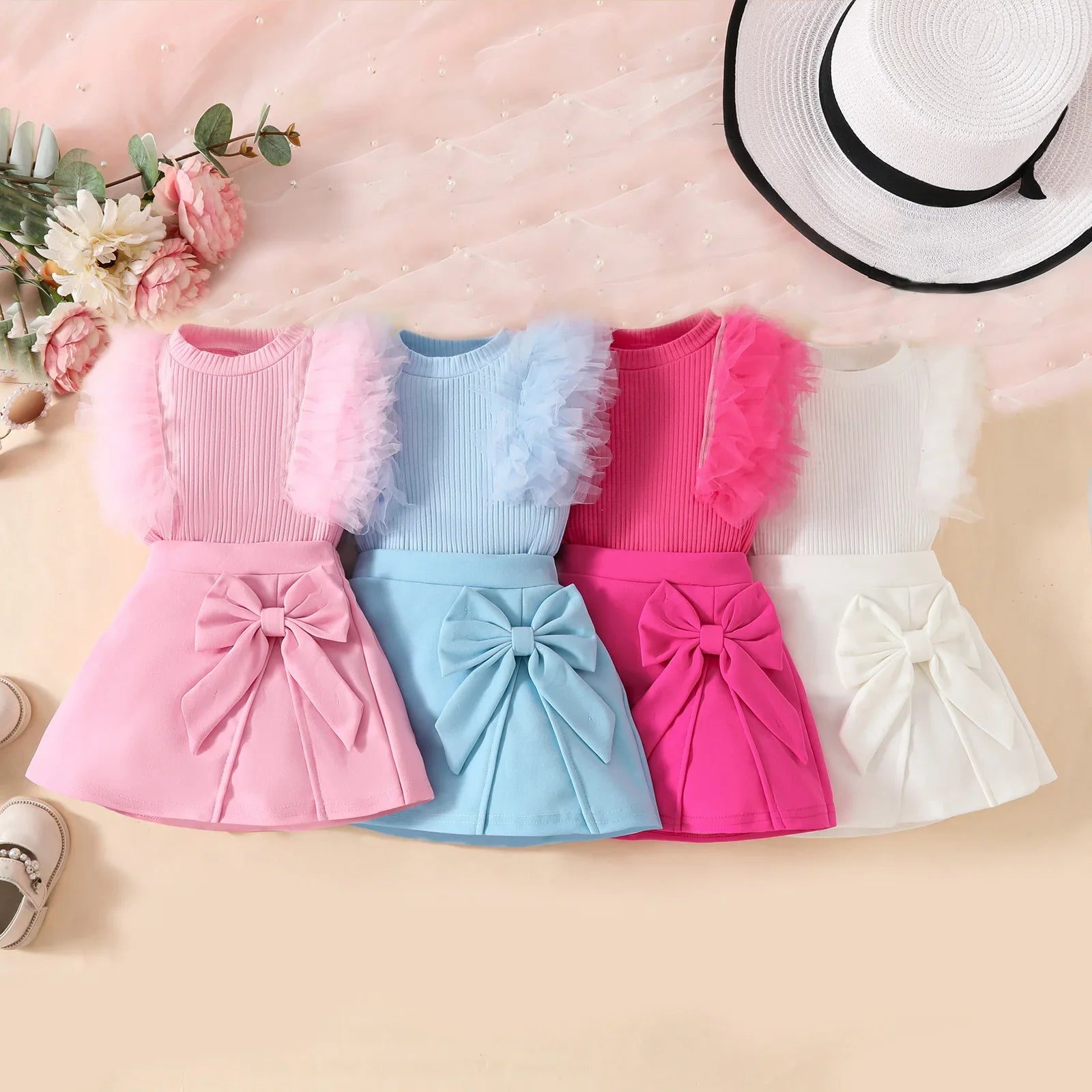 2Pcs Toddler Baby Girl Clothes Outfit Bubble Sleeve Patchwork Ruffle Top+Solid Color Flared Pants Fashion Set Fit 0-3 Years Set