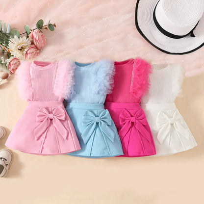 2Pcs Toddler Baby Girl Clothes Outfit Bubble Sleeve Patchwork Ruffle Top+Solid Color Flared Pants Fashion Set Fit 0-3 Years Set