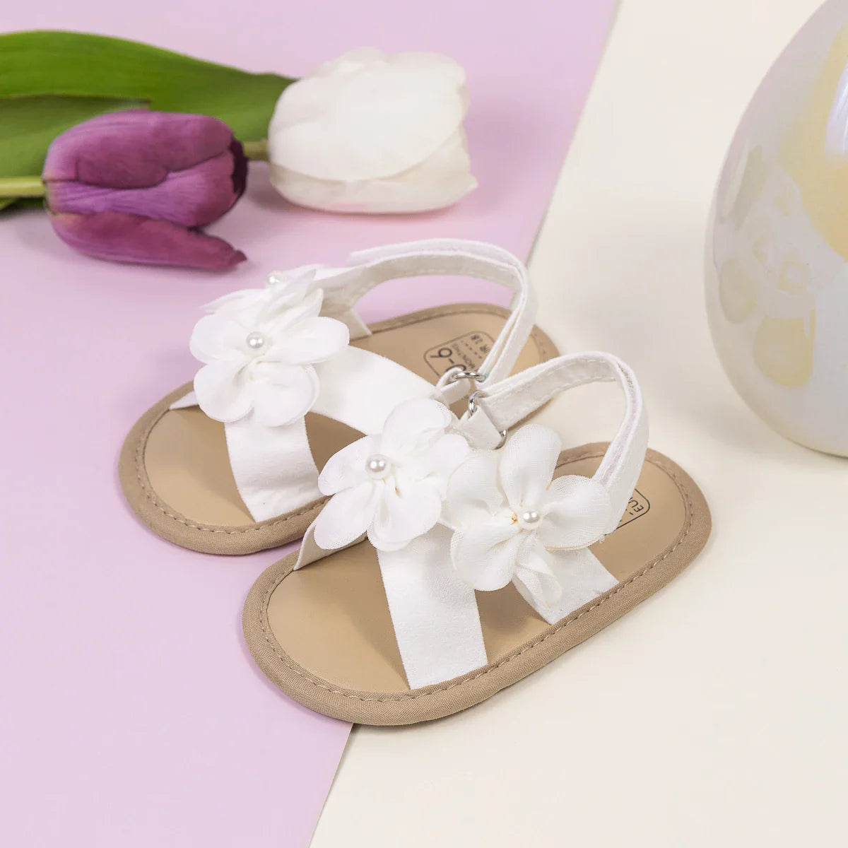 Baby Girls Shoes Flowers With Pearls Summer Cool Princess Sandals Lightweight Comfortable Soft Anti-slip Flat Sole