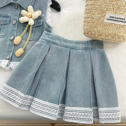 New Baby Girl Summer Denim Set, Children's Lace Splicing Top and Skirt Set