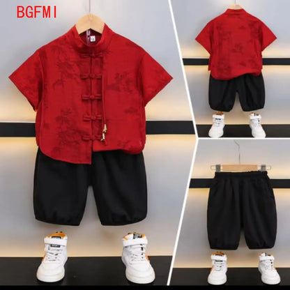 Chidren Clothing Set Casual Boys Summer Chinese Style Short Sleeve Shirt Shorts 2 PCs Set Kids Chinese Traditional Clothing