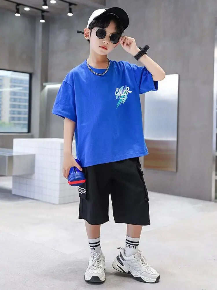 Summer 100% Cotton Boys Blue T-shirt Cool Graffiti Printed Girls Tees Short Sleeve Children Tops High Quality Kids Clothes