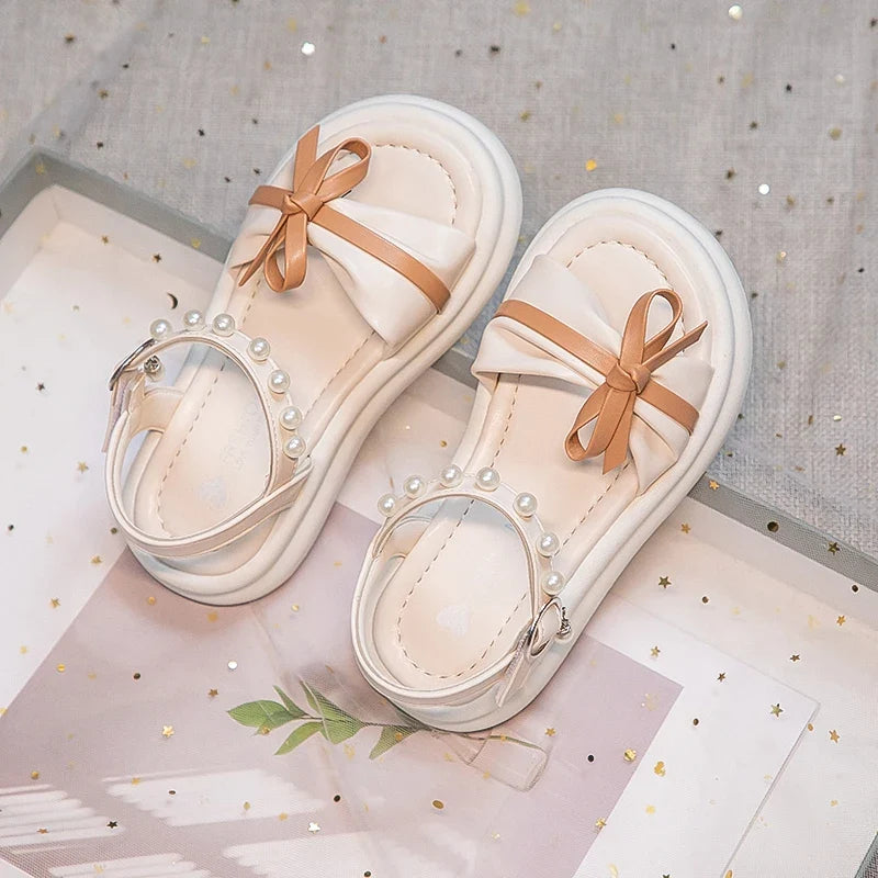 Girls Sweet Princess Sandals Soft Bottom Children Summer Beach Shoes Non-Slip Soft Sole Kids Flats Beading Sandals with Bow-knot