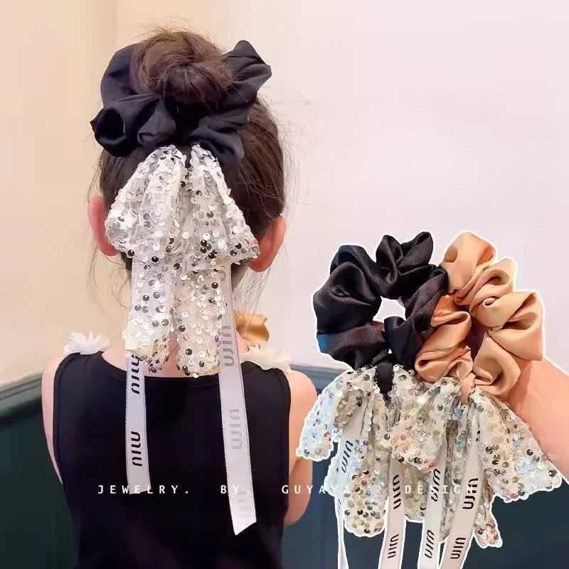 Korean New Fashion Sequins Elastic Hair Bands Elegant Ribbon Hair Ties  New Headwear Girls Women