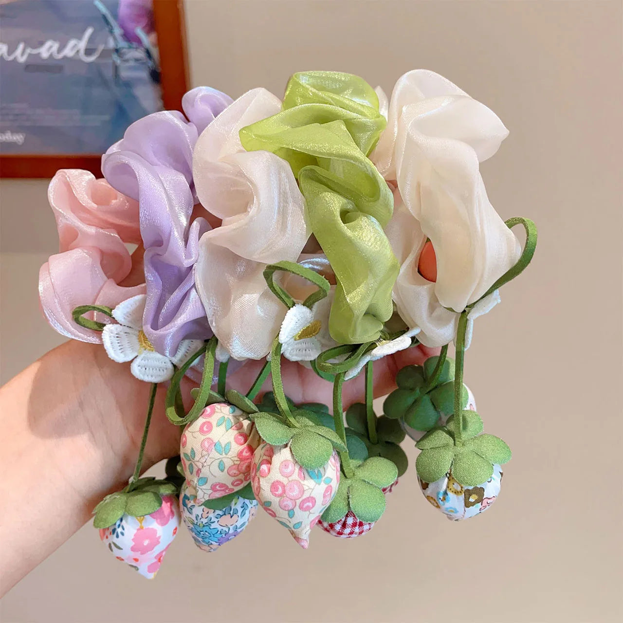 Sweet Flower Bow Princess Girl Hair Ropes Fairy Strawberry Pendant Rubber Bands Ponytail Meatball Heads Headwear Kids Headflower