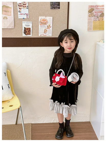 Sweet Bow Children's Small Square Shoulder Bag Sequin Lace Princess Girls Crossbody Bags Pearl Handle Coin Purse Handbags Gifts