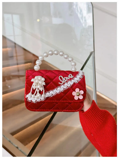 Sweet Bow Children's Small Square Shoulder Bag Sequin Lace Princess Girls Crossbody Bags Pearl Handle Coin Purse Handbags Gifts