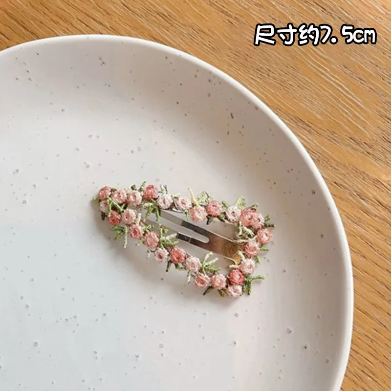 Pink Embroidered Flower Hairpin for Girls Kids Hair Clip Bangs Side Hair Accessory Barrettes