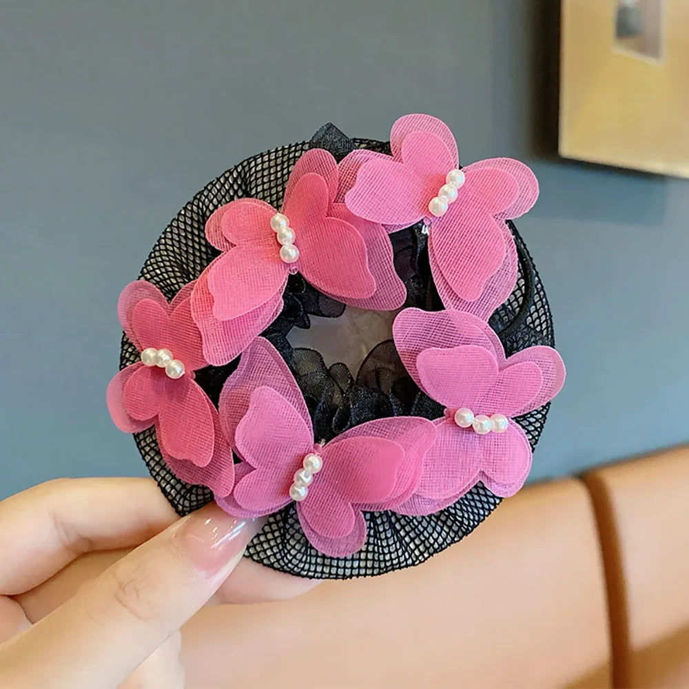 Girls Dance Hairnet Ballet Bun Cover Flower Butterfly Pearl Rhinestone Hair Mesh Kids Training Daily Dance Accessories