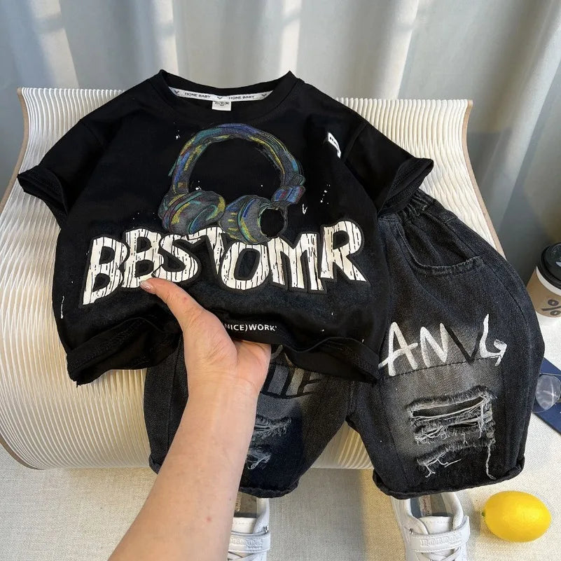 Korean Boys Summer Children's Top and Bottom 2PC Sets Short Sleeve T-Shirt & Denim Shorts Kids Clothes 1-7 Years Black Toddler