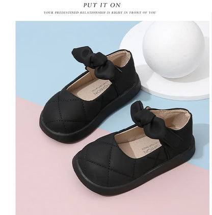Children's Leather Shoes Non-slip Soft Bottom Kids Mary Jane Shoes Fashion Solid Color Bowknot Girls School Causal Single Shoes