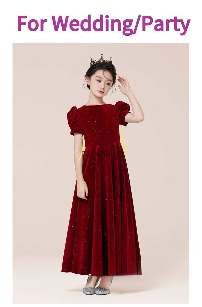 Kids Party Dress Clothing For Birthday Princess  Wine Red Piano Wedding Flower Girl Host Children's Formal Dress