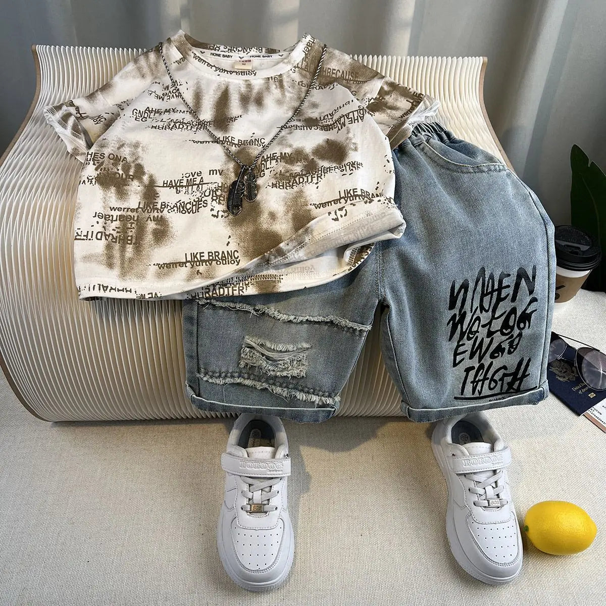 New Boys Fashion Summer Cotton Letter Printing T-shirts+Graffiti Denim Shorts 2pcs Set Kids Korean Outfits Sets Children Clothes