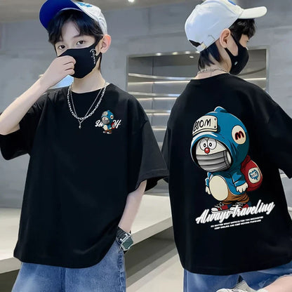 Summer 100% Cotton Boys Blue T-shirt Cool Graffiti Printed Girls Tees Short Sleeve Children Tops High Quality Kids Clothes