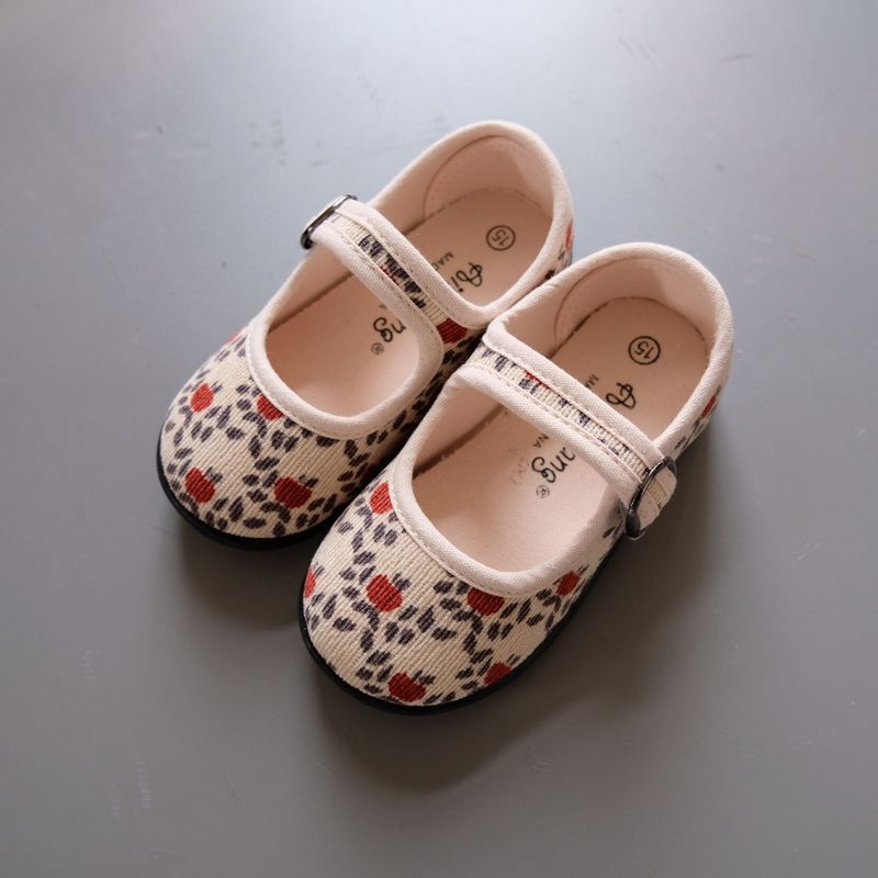 New Corduroy Floral Canvas Shoes Girls Square Mouth Indoor Shoes Soft Soled Non-slip Shoes