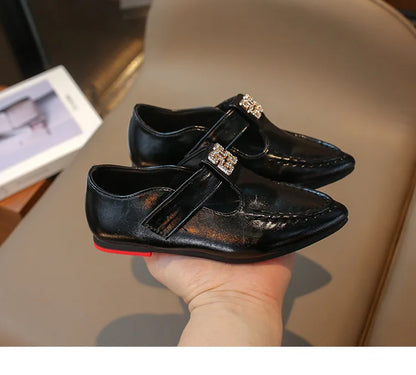 Fashion Girls' Shoes  Autumn New Kids Formal Pointed Leather Shoes Simple Versatile Girls' Rhinestone Casual Shoes Zapatos