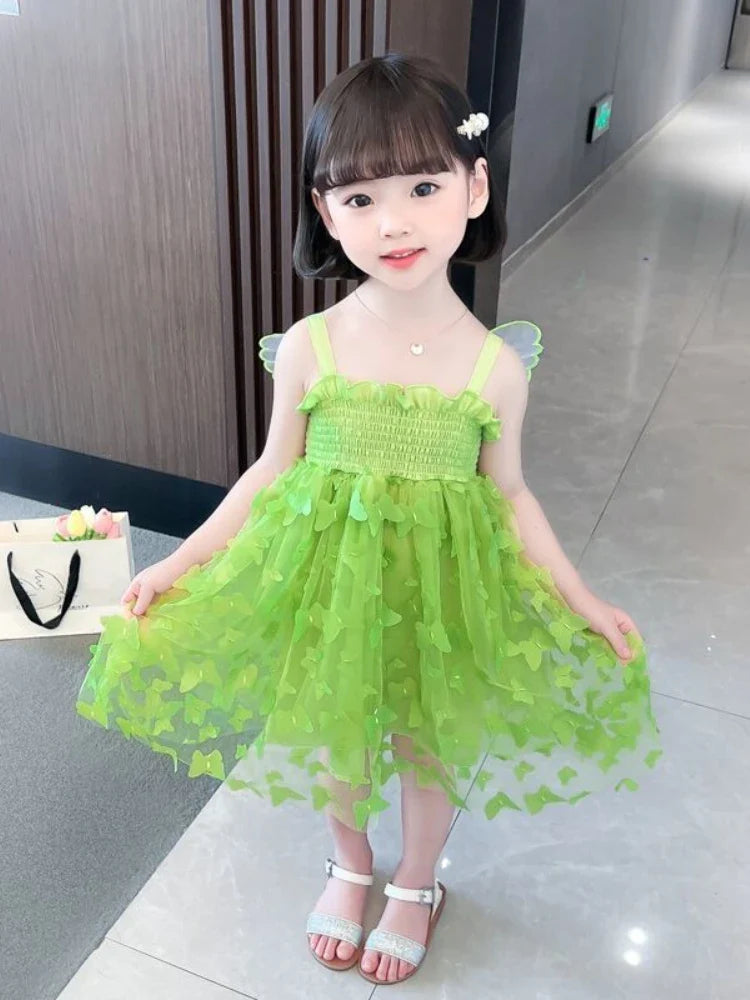 Fairy Girl Glitter Butterfly Wings Dress Summer New Kids Green Sling Princess Dresses Party Girls Costume  (Available)