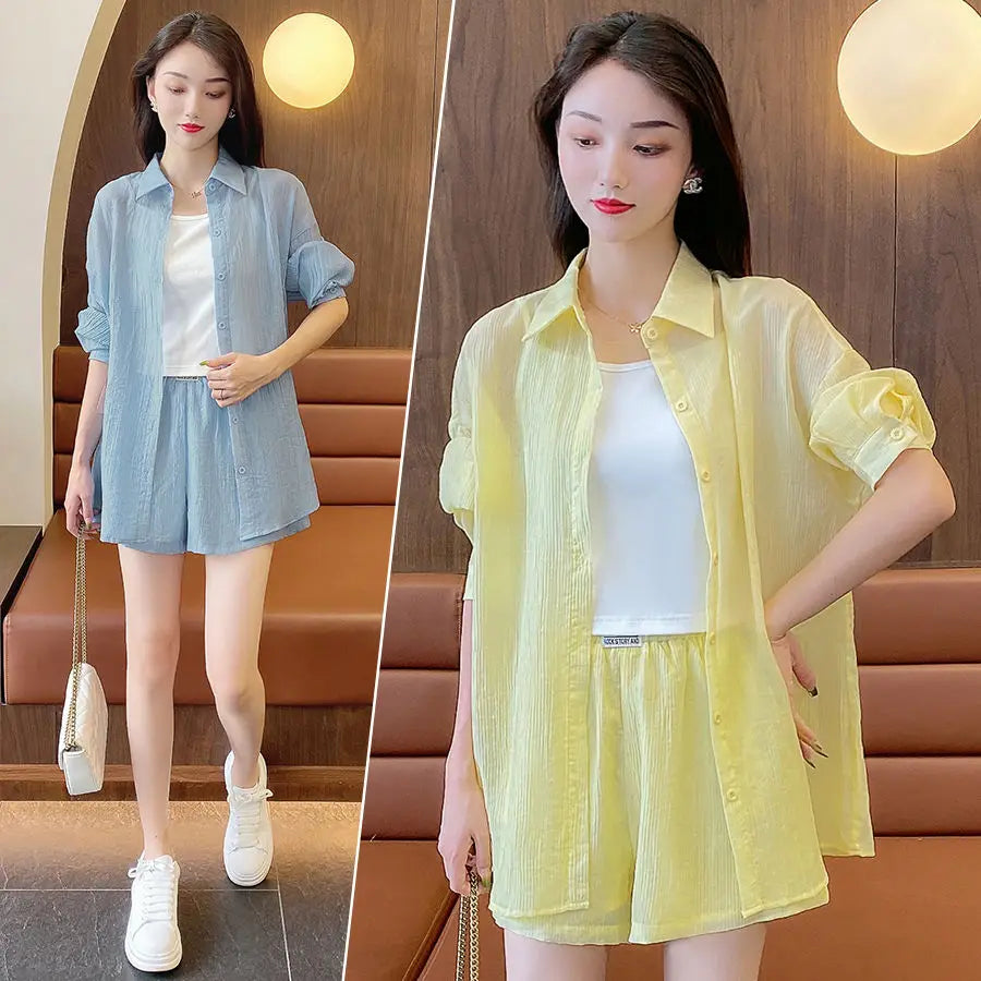 Spring and Summer Sun Protection Women's Set Stylish Loose Shirt Shorts High-end Elegant Women's Three Piece Set