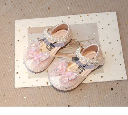 Girls Dress Shoes for Wedding Party Bling Sequins with Rhinestone Butterfly Sweet Princess Chic Kids Flat Shoes Lace Beaded