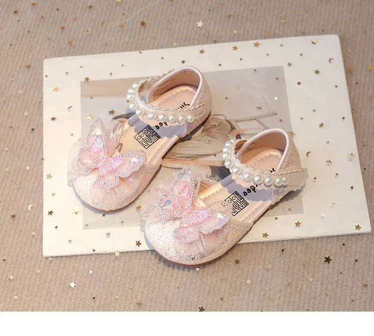Girls Dress Shoes for Wedding Party Bling Sequins with Rhinestone Butterfly Sweet Princess Chic Kids Flat Shoes Lace Beaded