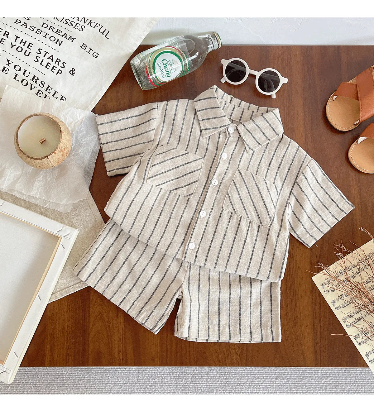Set Children Unisex Summer New Style Cotton Stripe Pocket Shirt Polo Collar Shourts Fashion Casual Brief Versatile Korean