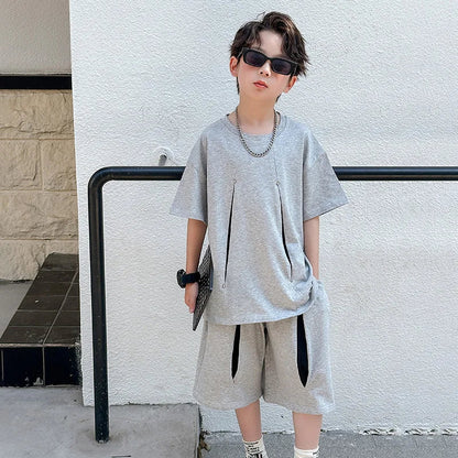 American Kids Design Double Cotton Gauze Clothing Set For Teenage Boy Casual Summer Top and Bottom Clothes Set Child Tracksuit