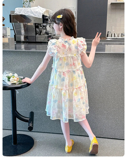 Summer girl's dress new style children's Western style floral chiffon princess dress printed baby's park play skirt
