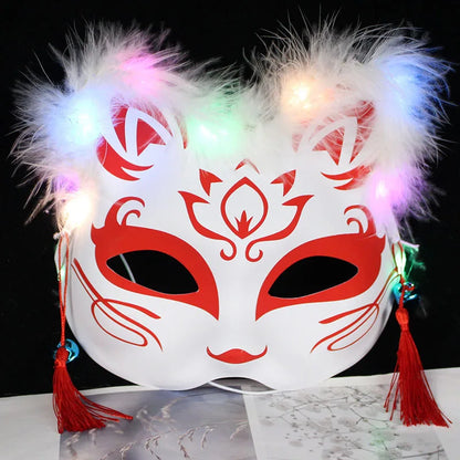 Luminous Feather Fox Mask Half Face Cat Anime Fox Mask Children Luminous Mask Eye Mask Makeup Party Role Play Props