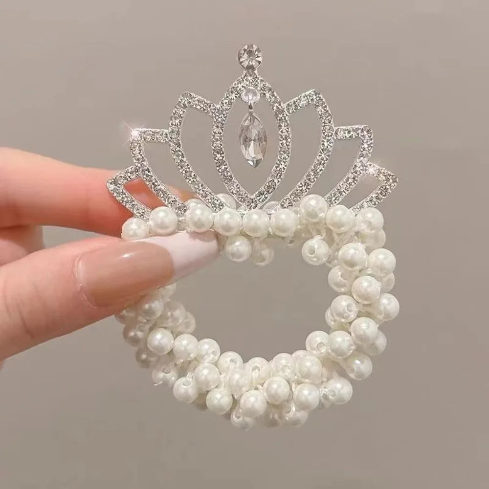 Fashion Pearl Crown Princess Cute Kids Hair Bands Elastic Rubber Bands