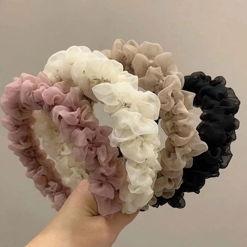 New Trendy Solid Color Mesh Pleated Headbands for Women Korean Elegant Ruffle Hairband Hair Band Headwear Hair Accessories