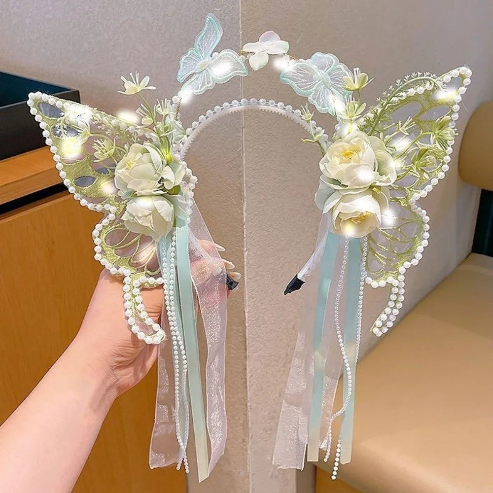 Fresh Sweet Butterfly Flowers Hairband Pearl Beads Silk Ribbon Floral Headwear Fairy Hair Jewelry Decorative Headwear Women Wear