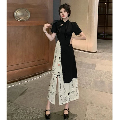 New Chinese Style High Grade Irregular Calligraphy Half Body Dress Fashion Qipao Two Piece Set Skirt Women's Summer Hanfu Suit