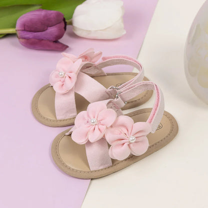 Baby Girls Shoes Flowers With Pearls Summer Cool Princess Sandals Lightweight Comfortable Soft Anti-slip Flat Sole