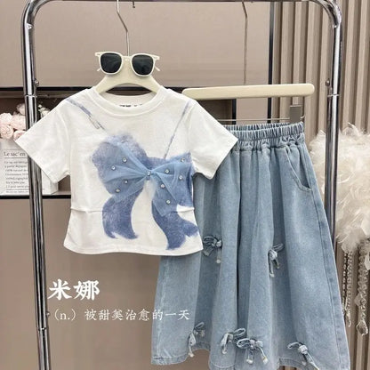 2025 Summer Girls Three-dimensional Bow Round Neck Solid Color Short Sleeve Fashionable Versatile Bow Culottes Two-piece Set