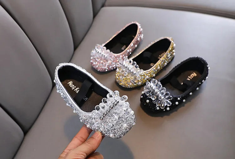 Kids Girl Shoes New Girls Princess Shoes Fashion Children Sequins Bling Bow Shoe Kid Rhinestone Non-slip Flat Shoe