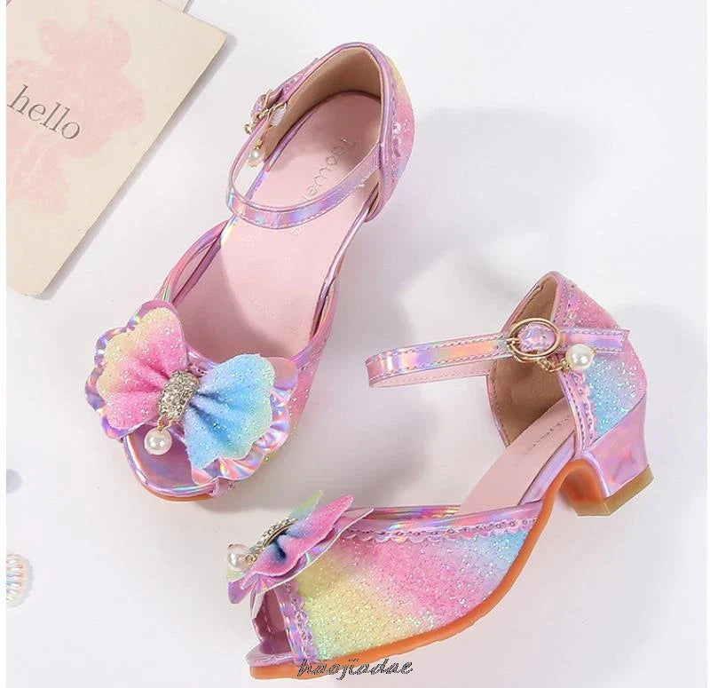 Summer High Heels Shoes for Girls Pageant Kids Sandals Child Mary Jane Shiny Princess Party Dress Up Shoes Purple Gold Pink Blue