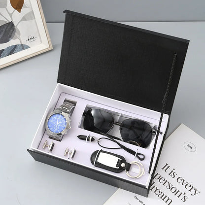 New Watch Men's Gift Set with Box Belt Wallet Set Keychain Sunglasses Cufflinks Ballpoint Pen Father's Day Gift Business Box Set