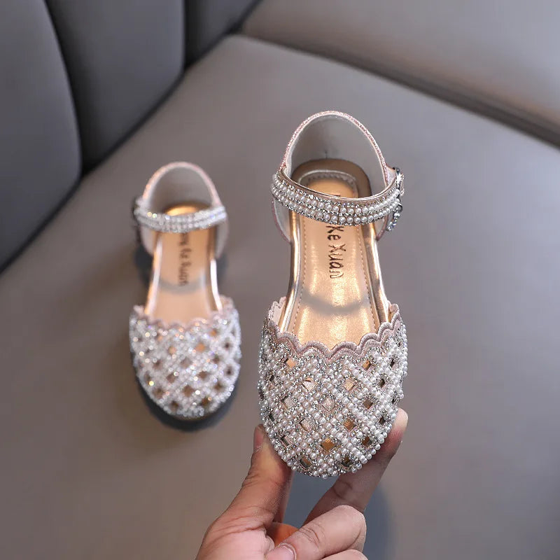 Children Spring Summer Korean Version Dance Shoes Girls Pearl Show Shoes Girl Rhinestone Princess Lace Leather Shoes Solid Color