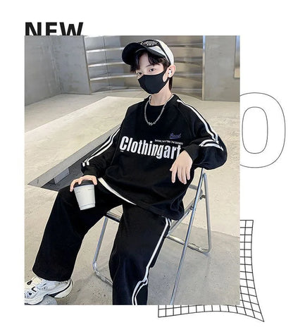 Teenager boys Suit autumn winter Cloth letter striped sweatshirt hooded + wide leg Pants tracksuit 5 8 10 12 Year Child set
