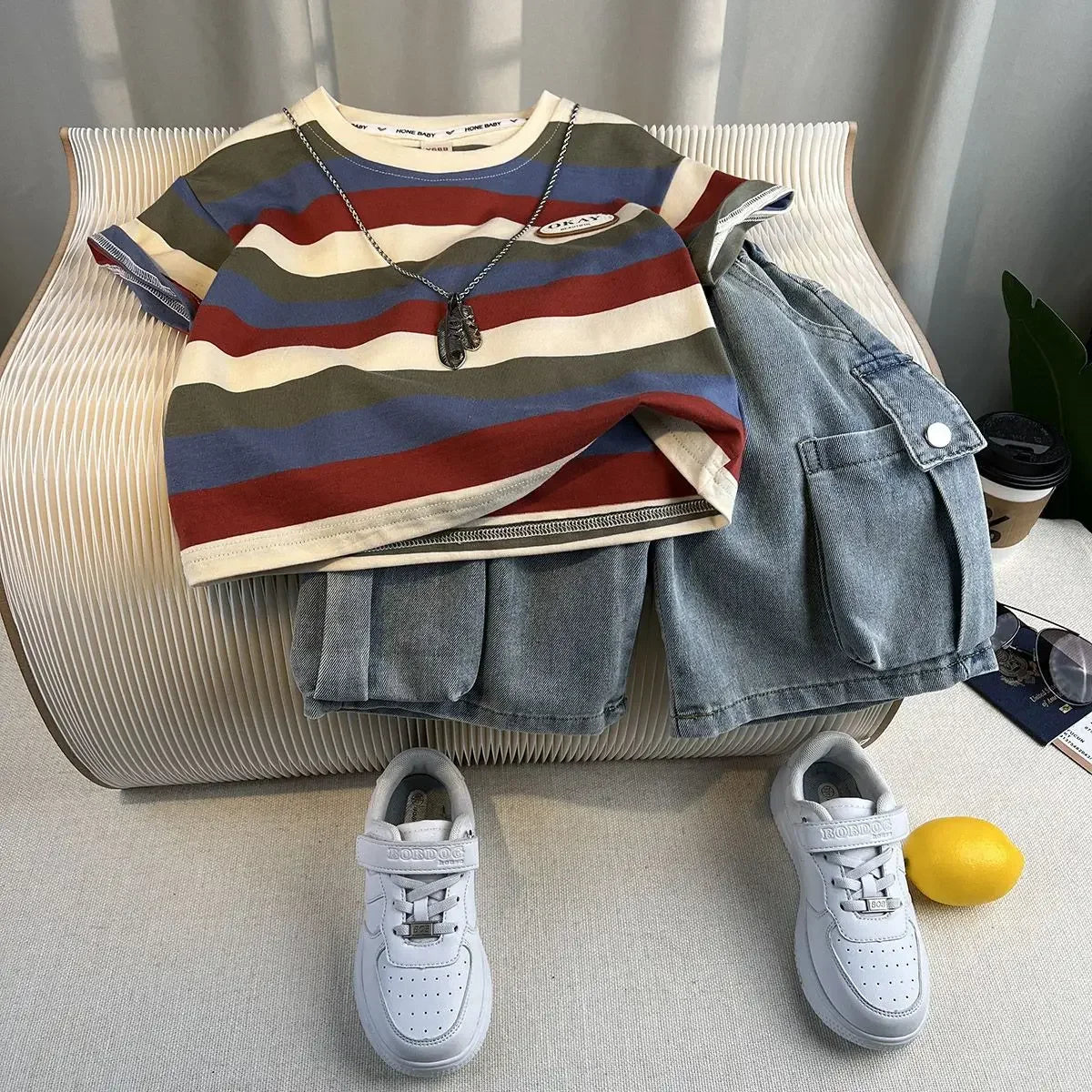 New Boys Fashion Summer Cotton Letter Printing T-shirts+Graffiti Denim Shorts 2pcs Set Kids Korean Outfits Sets Children Clothes