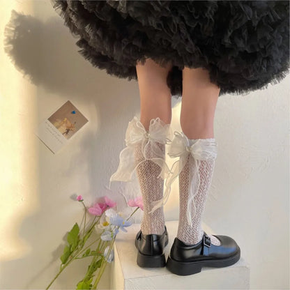 Thin Lolita bow girls' stockings in summer lace bud stockings Japanese princess straight calf socks