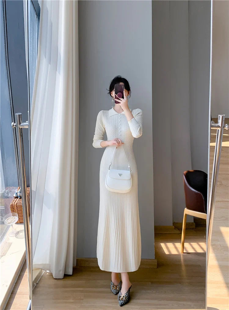 Sweater Dress Women New  Autumn Winter Purple White Or Black High Waist A Line Dress Elegant Long Knitted Dress