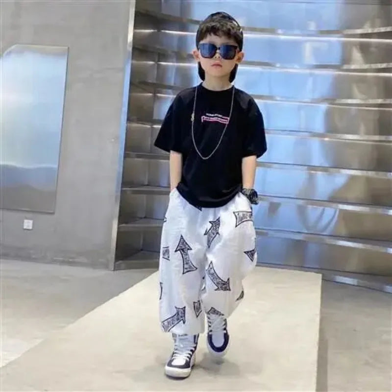Children's Summer Set Korean Version Boy Hip Hop Loose Short Sleeve T-shirt Casual Mosquito Pants 2-piece Set