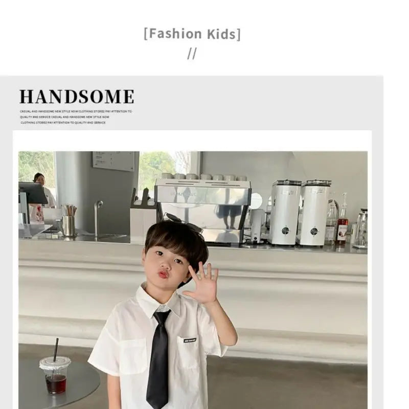 Teens Boys Summer Set Children's Wear Thin 2025 New Handsome British Style Boy White Cotton Short Sleeved Shirt+Black Shorts+Tie